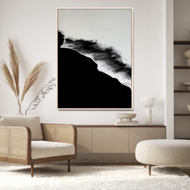 Ocean Wave Wall Art Canvas Print, Abstract Wave Print, Framed Monochrome Sea Art Print, Large Ink Wave Form Printing Perfect for Modern