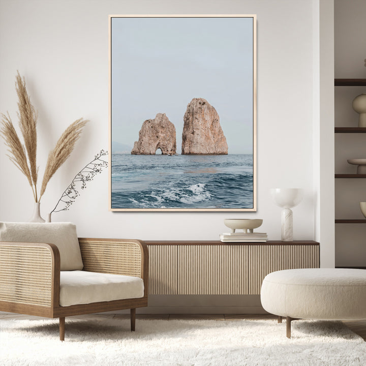 Faraglioni Capri Wall Art Canvas Print, Serene Ocean Print, Framed Mediterranean Coastal Art Print, Large Rocky Ocean Printing