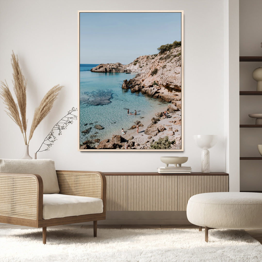 Turquoise Cove Wall Art Canvas Print, Ibiza Beach Print, Framed Mediterranean Shore Art Print, Large Clear Shoreline Printing Boho