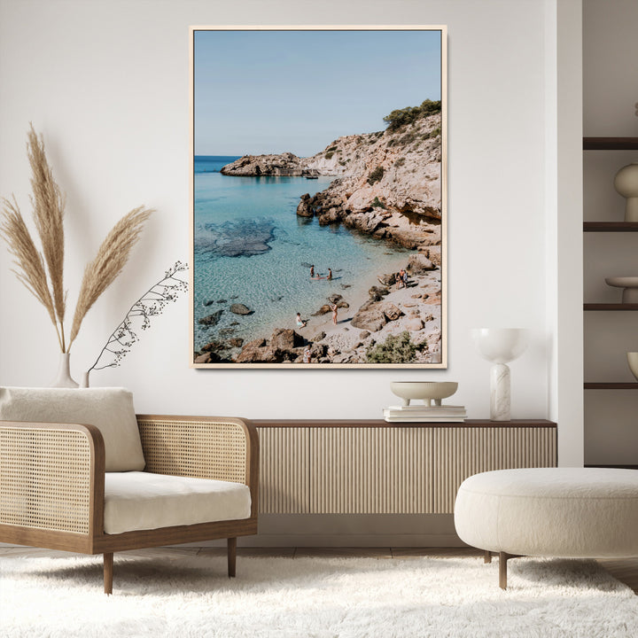 Turquoise Cove Wall Art Canvas Print, Ibiza Beach Print, Framed Mediterranean Shore Art Print, Large Clear Shoreline Printing Boho