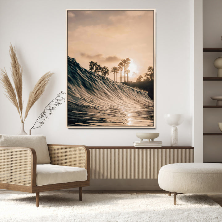Golden Hour Ocean Wall Art Canvas Print, Tropical Beach Sunset Print, Framed Palm Tree Silhouettes Art Print, Large Warm Coastal