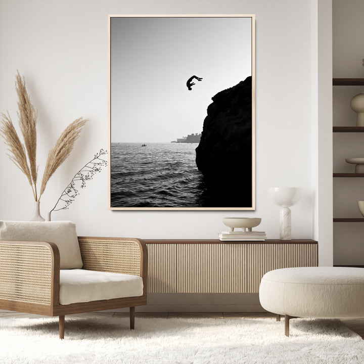 Cliff Jumping Wall Art Canvas Print, Black White Ocean Print, Framed Monochrome Cliff Dive Art Print, Large Coast Dive Printing,