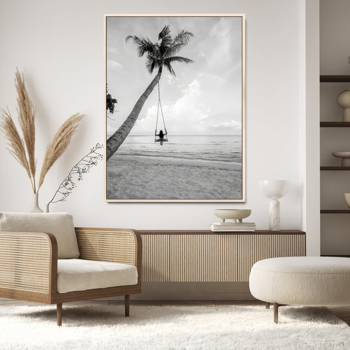 Black White Palm Tree Wall Art Canvas Print, Minimalist Beach Swing Print, Framed Monochrome Coastal Art Print, Large Tropical Ocean