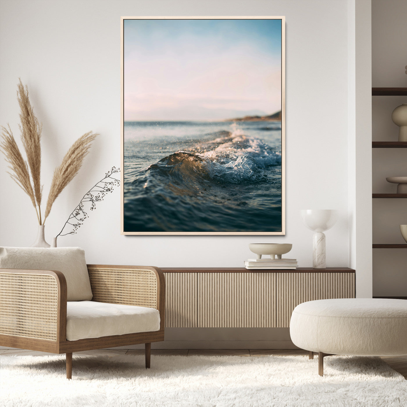 Ocean Waves Wall Art Canvas Print, Framed Coastal Serenity Wall Art Print, Golden Hour Perfect Modern Coastal Decor Artwork
