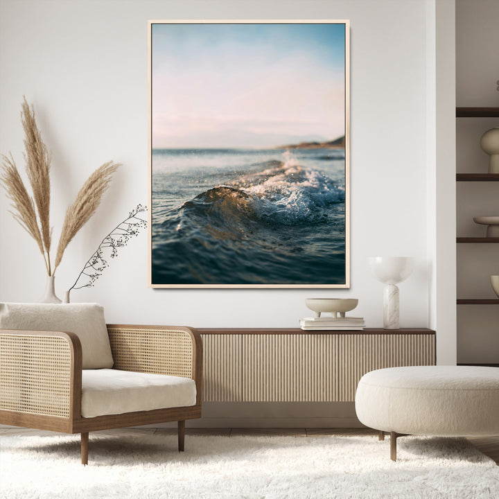 Ocean Waves Wall Art Canvas Print, Framed Coastal Serenity Wall Art Print, Golden Hour Perfect Modern Coastal Decor Artwork