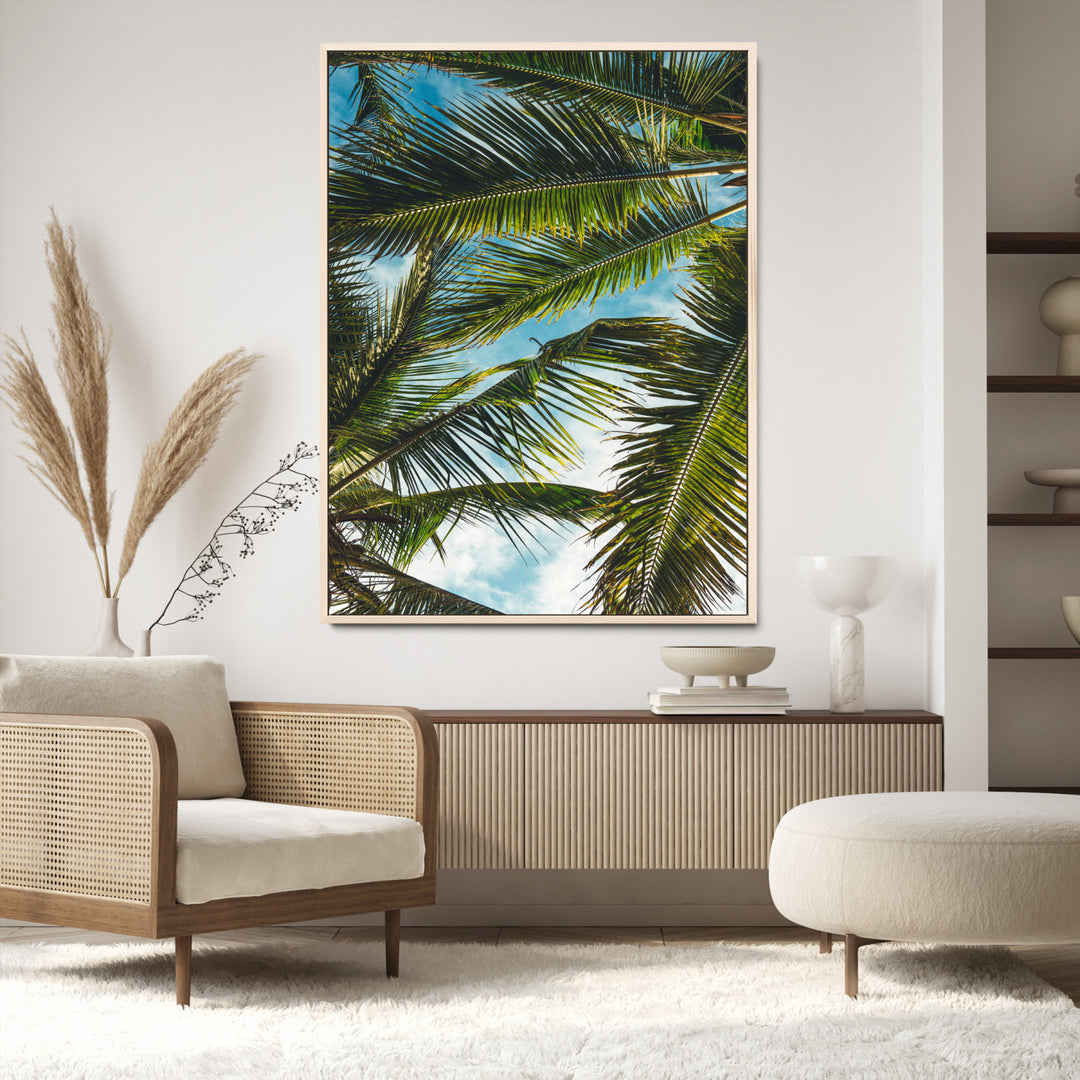 Palm Leaves Wall Art Canvas Print, Framed Tropical Vibes Art Picture Print, Green Foliage Perfect Tropical Boho Decor Artwork