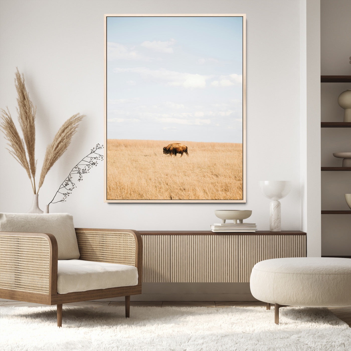 Minimalist Nature Wall Art Canvas Print, Framed Bison In Grassland Art Print, Open Field Perfect Modern Ranch Decor Decor Artwork