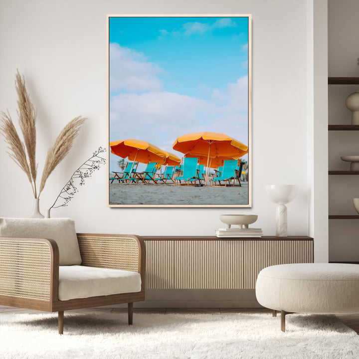 Beach Umbrellas Wall Art Canvas Print, Framed Coastal Vibes Art Picture Print, Tropical Paradise Perfect Coastal Boho Decor Artwork