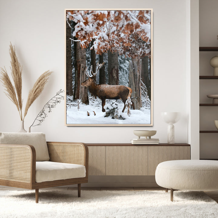 Serene Landscape Wall Art Canvas Print, Framed Winter Wonderland Art Picture Print, Winter Deer Perfect Cabin Decor Artwork