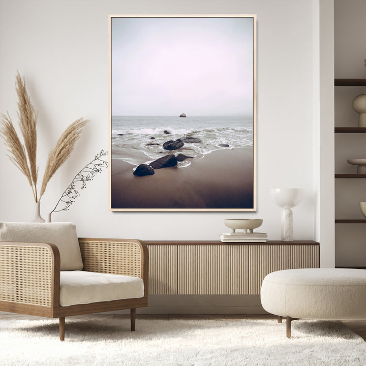 Moody Seascape Wall Art Canvas Print, Framed Neutral Beach Art Picture Print, Foggy Ocean Perfect Minimalist Decor Artwork