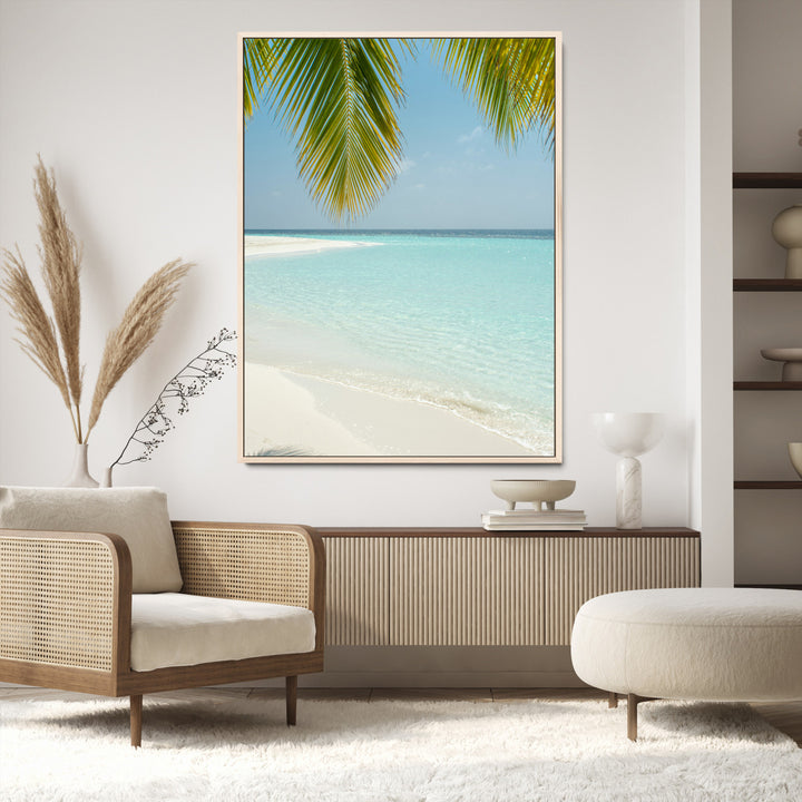 Azure Water Wall Art Canvas Print, Framed Tranquil Island Escape Art Picture Print, Clear Blue Ocean Wall Art Coastal Minimalist Decor