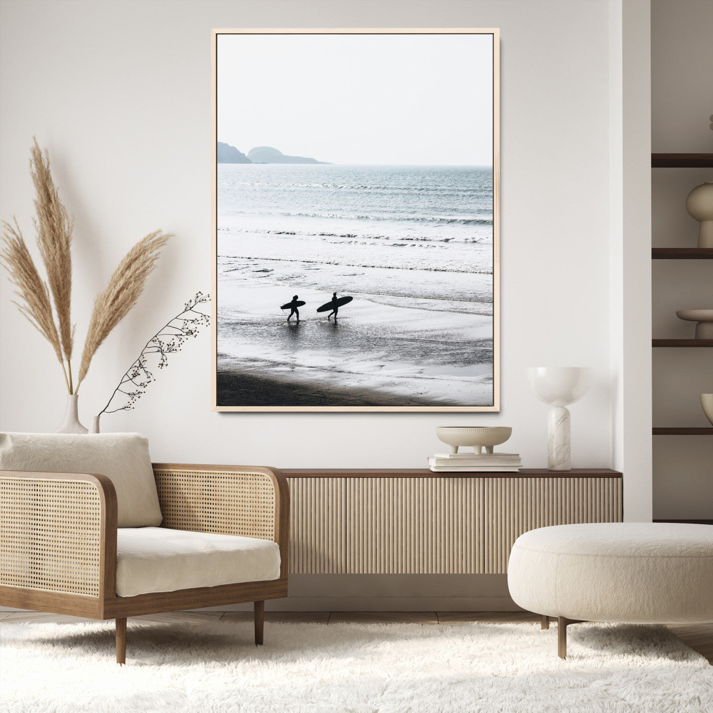 Surfer Silhouettes Wall Art Canvas Print, Framed Minimalist Ocean Art Picture Print