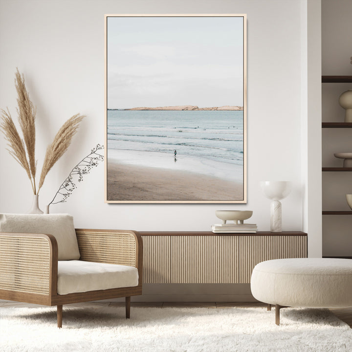 Minimalist Beach Art Canvas Print, Soft Blue Tones Print, Framed Tranquil Ocean Art Print, Large Calm Horizon Printing Coastal,