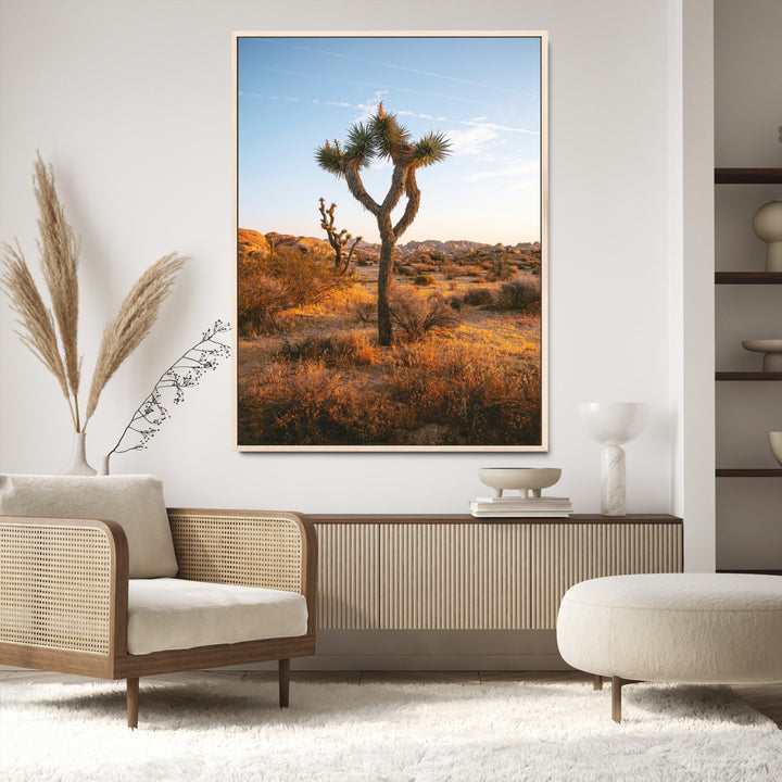 Framed Joshua Tree Print, Golden Hour Desert Print, Framed Sunset Glow Art Print, Large Arid Terrain Printing Southwestern