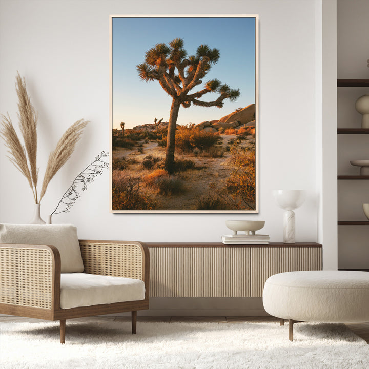 Joshua Tree Artwork Canvas Print, Desert Sunset Print, Framed Golden Hour Light Art Print, Large Southwestern Landscape Printing, Framed