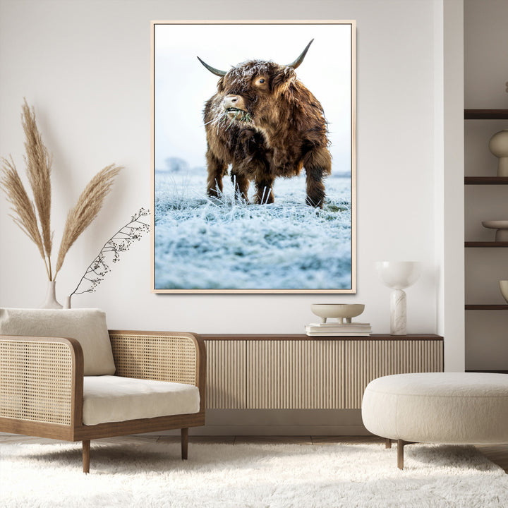 Minimalist Scottish Highlang Cow Wall Art Canvas Print for Farmhouse / County Style Art Print for Living Room - Office Decor