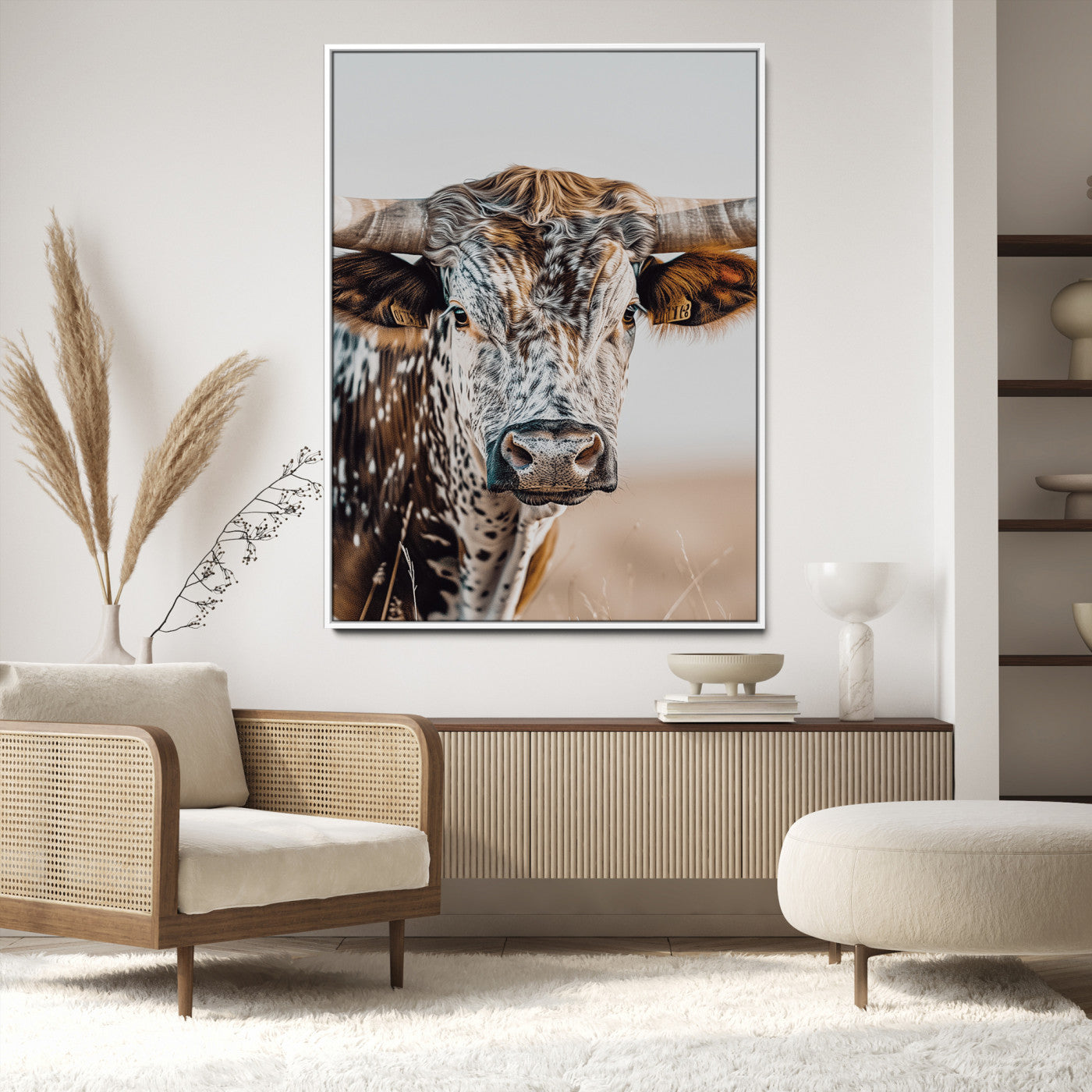 Texas Longhorn Wall Art Canvas Print, Framed Speckled Cow Art Picture Print, Horned Bull Perfect Rustic Western Decor, Texas Longhorn Canvas