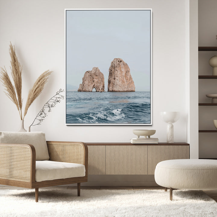 Faraglioni Capri Wall Art Canvas Print, Serene Ocean Print, Framed Mediterranean Coastal Art Print, Large Rocky Ocean Printing