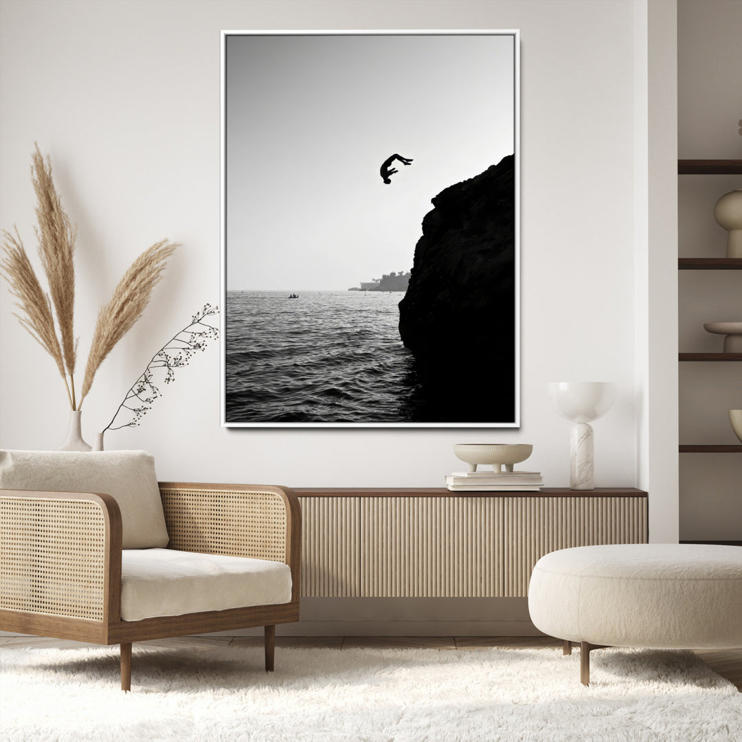 Cliff Jumping Wall Art Canvas Print, Black White Ocean Print, Framed Monochrome Cliff Dive Art Print, Large Coast Dive Printing,