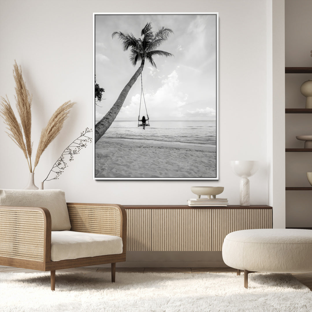 Black White Palm Tree Wall Art Canvas Print, Minimalist Beach Swing Print, Framed Monochrome Coastal Art Print, Large Tropical Ocean