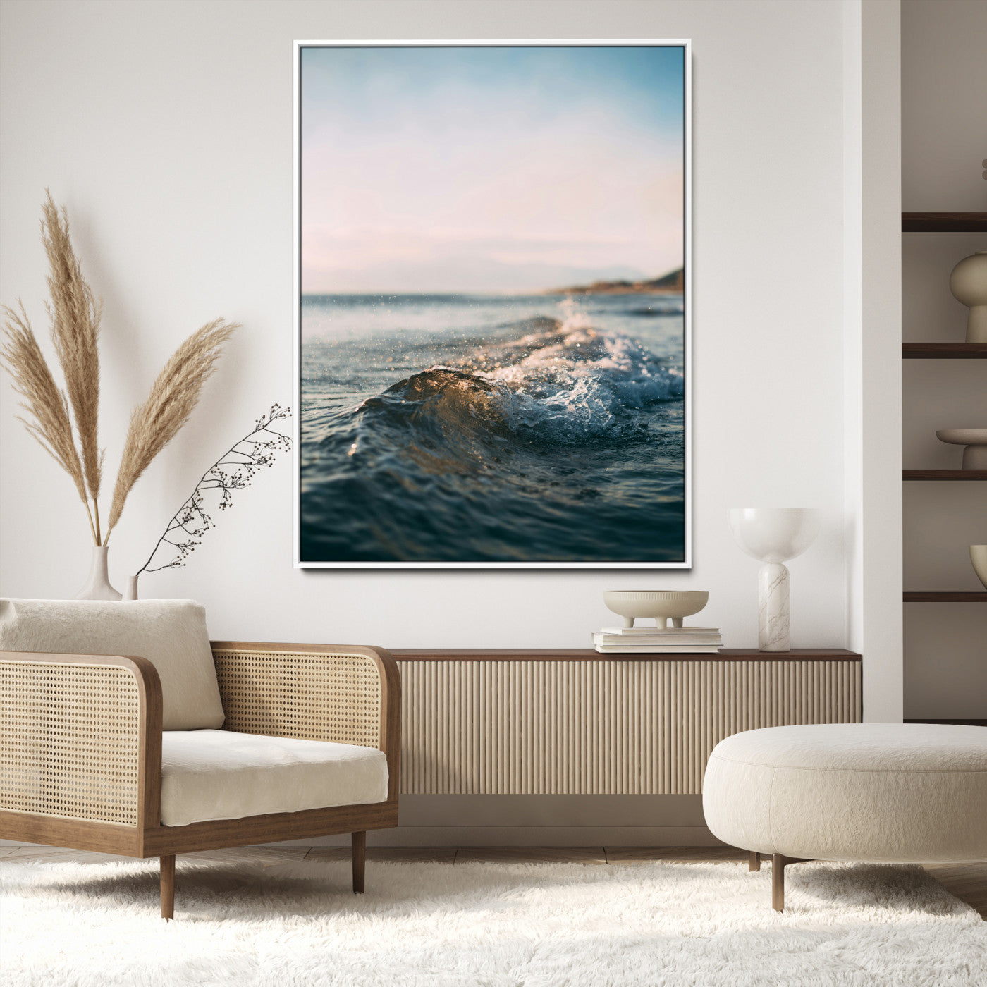 Ocean Waves Wall Art Canvas Print, Framed Coastal Serenity Wall Art Print, Golden Hour Perfect Modern Coastal Decor Artwork