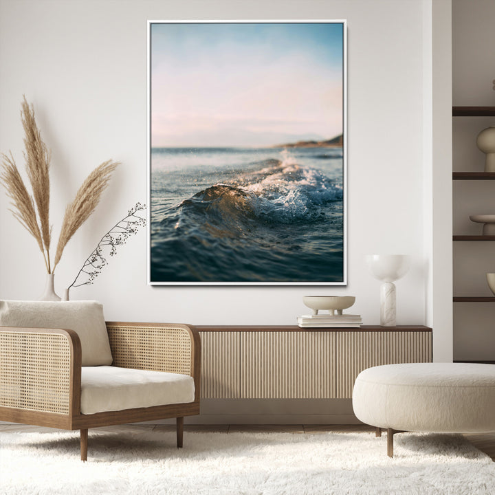 Ocean Waves Wall Art Canvas Print, Framed Coastal Serenity Wall Art Print, Golden Hour Perfect Modern Coastal Decor Artwork