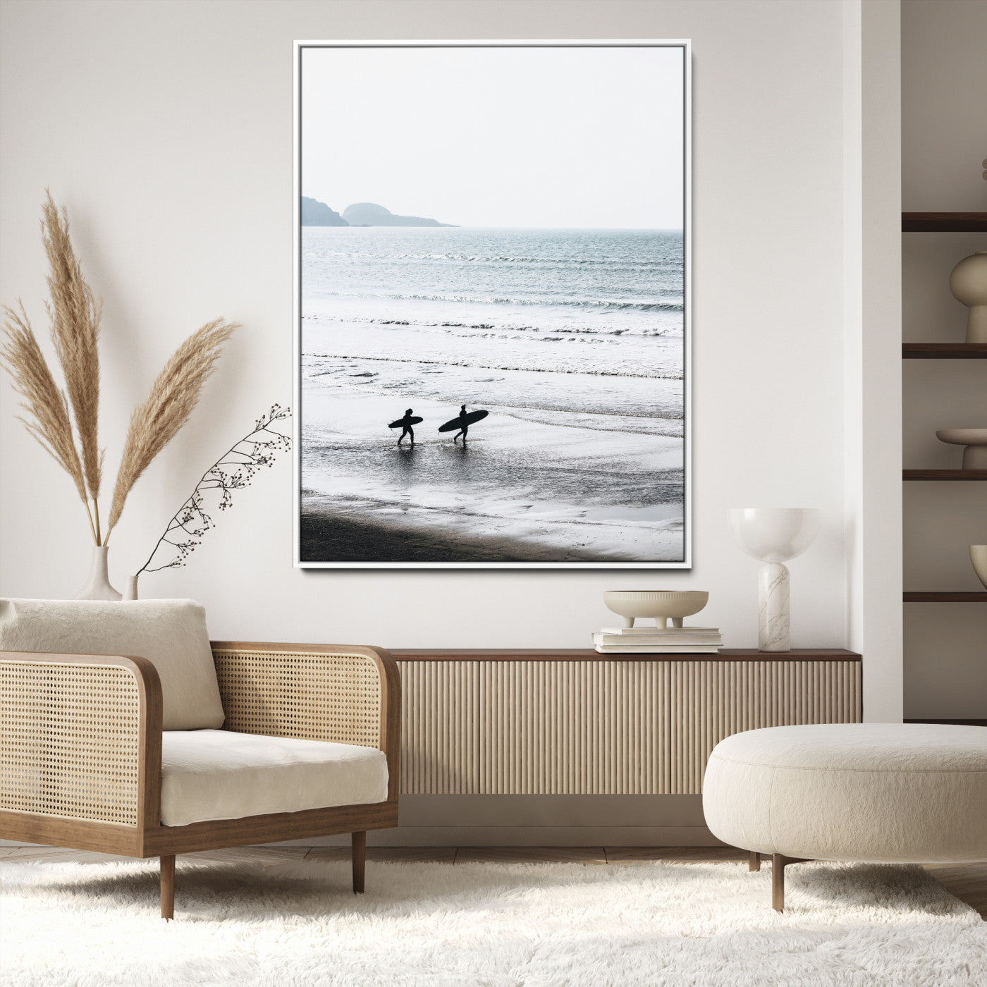 Surfer Silhouettes Wall Art Canvas Print, Framed Minimalist Ocean Art Picture Print