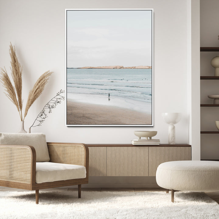Minimalist Beach Art Canvas Print, Soft Blue Tones Print, Framed Tranquil Ocean Art Print, Large Calm Horizon Printing Coastal,