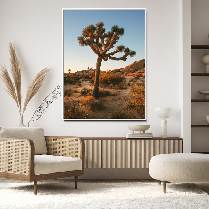Joshua Tree Artwork Canvas Print, Desert Sunset Print, Framed Golden Hour Light Art Print, Large Southwestern Landscape Printing, Framed