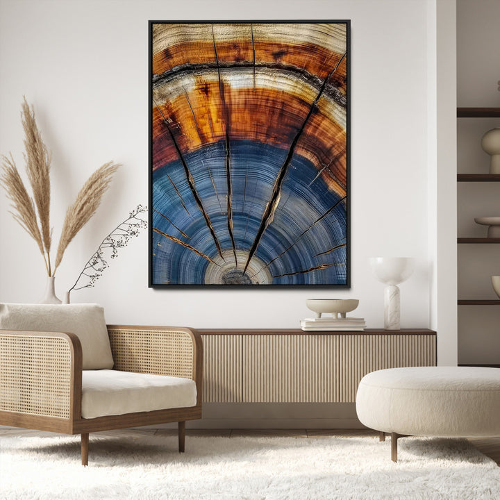 Tree Rings Wall Art Canvas Print, Framed Wood Texture Art Picture Print, Blue Grain Perfect Rustic Modern Decor Artwork