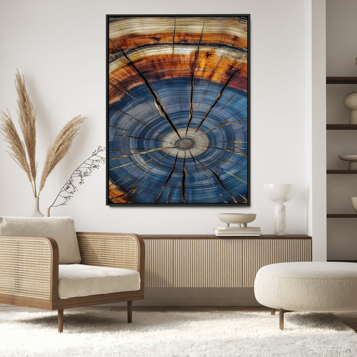 Tree Rings Wall Art Canvas Print, Framed Wood Texture Art Picture Print, Blue Grain Perfect Rustic Modern Decor Artwork, Wood Texture Wall Art Canvas