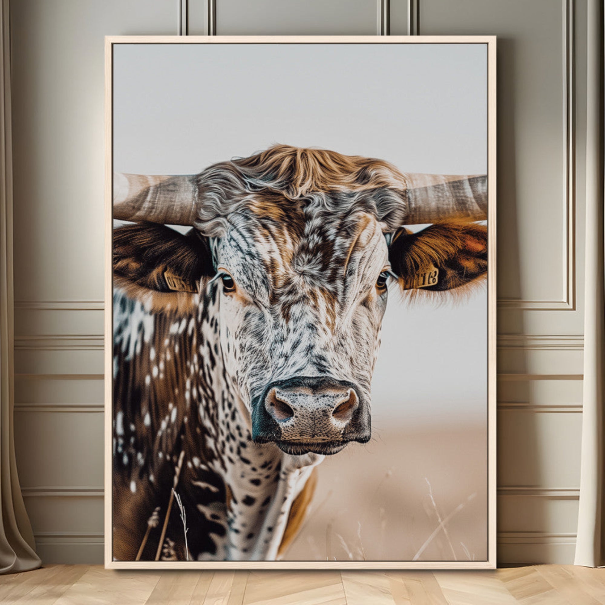 50803532-MGV-FC-24X36_Natural-Texas Longhorn Wall Art Canvas Print, Framed Speckled Cow Art Picture Print, Horned Bull Perfect Rustic Western Decor Artwork