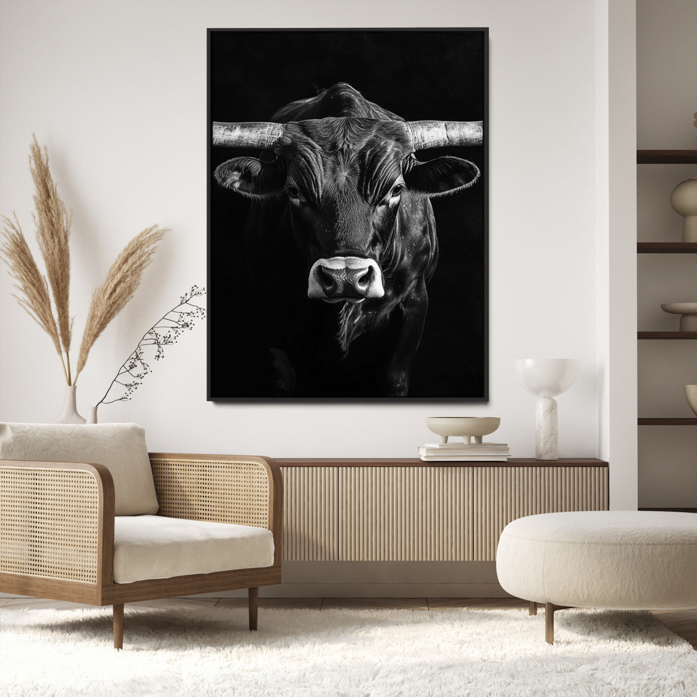 Texas Longhorn Wall Art Canvas Print, Framed Monochrome Bull Art Picture Print, Texas Bull Wall Art Canvas Print