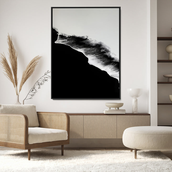Ocean Wave Wall Art Canvas Print, Abstract Wave Print, Framed Monochrome Sea Art Print, Large Ink Wave Form Printing Perfect for Modern