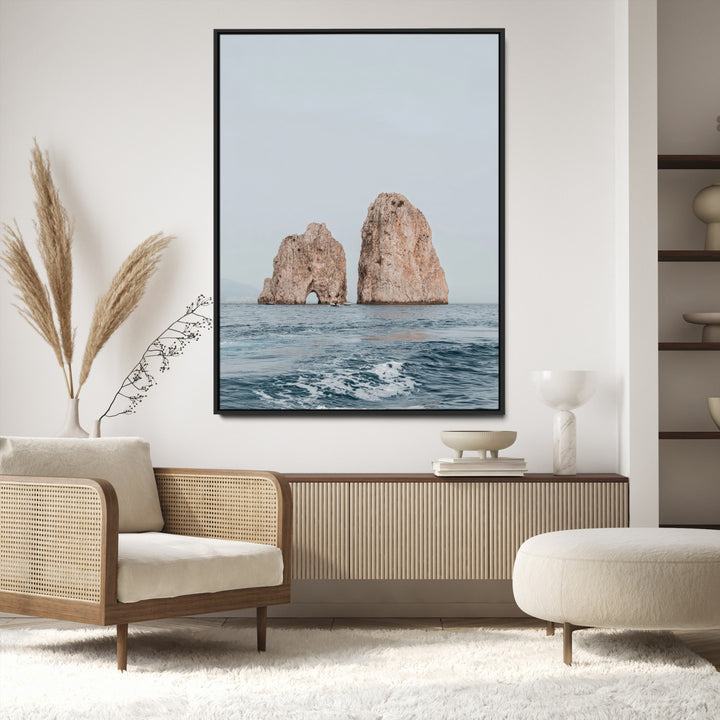 Faraglioni Capri Wall Art Canvas Print, Serene Ocean Print, Framed Mediterranean Coastal Art Print, Large Rocky Ocean Printing
