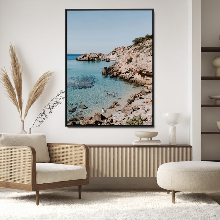 Turquoise Cove Wall Art Canvas Print, Ibiza Beach Print, Framed Mediterranean Shore Art Print, Large Clear Shoreline Printing Boho