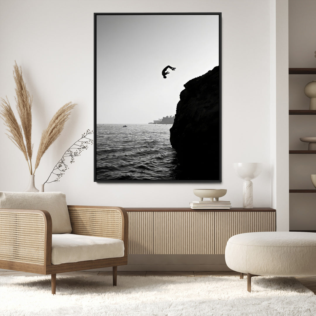 Cliff Jumping Wall Art Canvas Print, Black White Ocean Print, Framed Monochrome Cliff Dive Art Print, Large Coast Dive Printing,