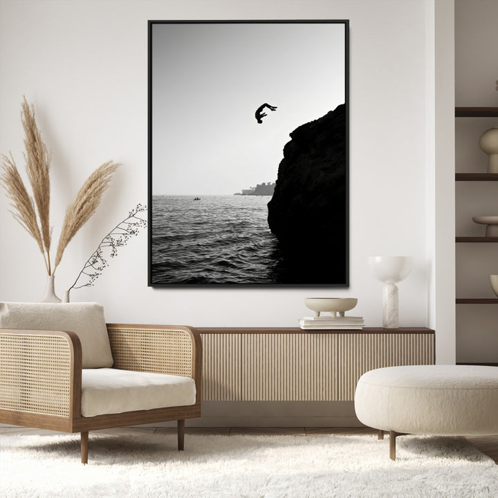 Cliff Jumping Wall Art Canvas Print, Black White Ocean Print, Framed Monochrome Cliff Dive Art Print, Large Coast Dive Printing,