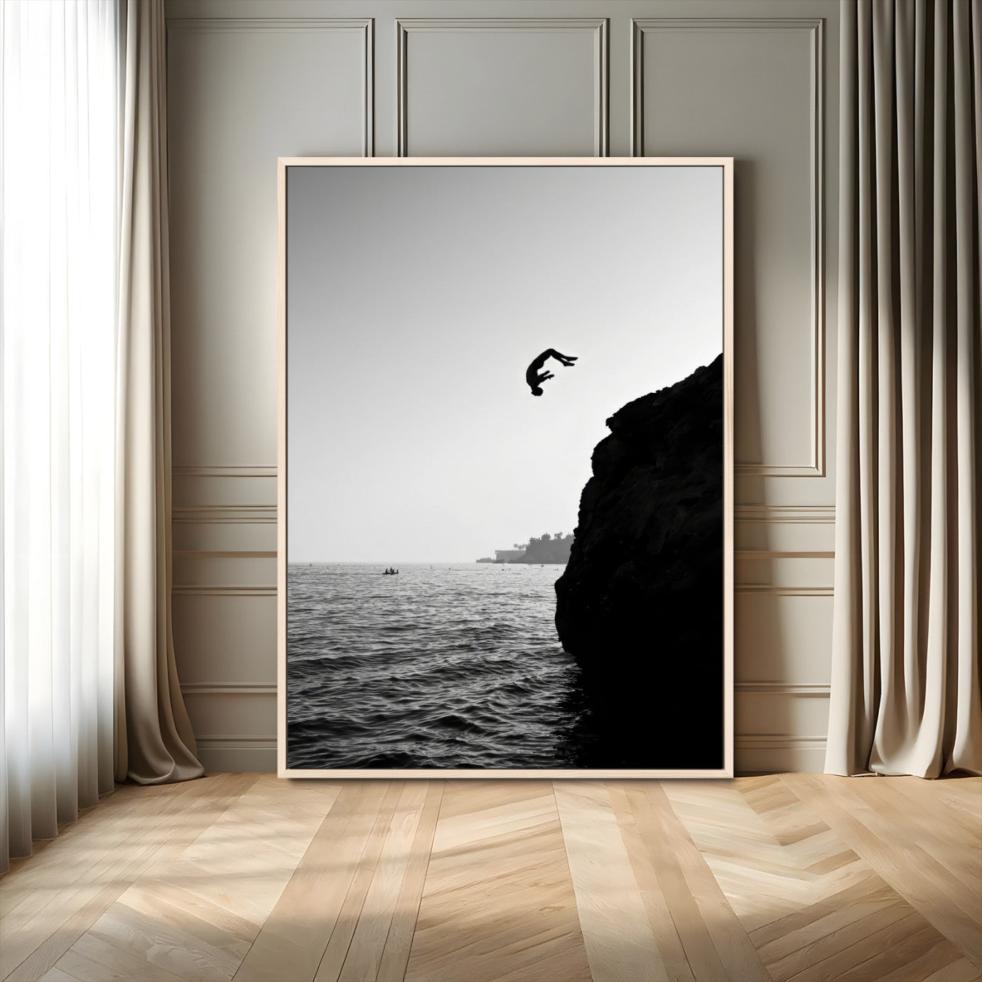 MGV-FC-24X36 - Cliff Jumping Silhouette Wall Art Canvas Print, Framed Black White Ocean Art Picture Print, Monochrome Cliff Dive Perfect Minimalist Adventure Decor Artwork