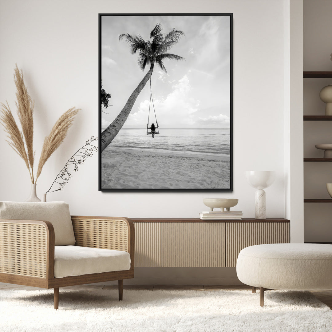 Black White Palm Tree Wall Art Canvas Print, Minimalist Beach Swing Print, Framed Monochrome Coastal Art Print, Large Tropical Ocean