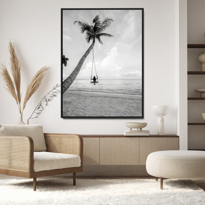 Black White Palm Tree Wall Art Canvas Print, Minimalist Beach Swing Print, Framed Monochrome Coastal Art Print, Large Tropical Ocean