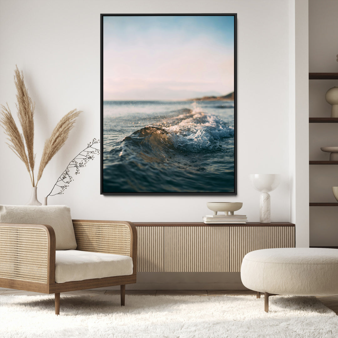 Ocean Waves Wall Art Canvas Print, Framed Coastal Serenity Wall Art Print, Golden Hour Perfect Modern Coastal Decor Artwork