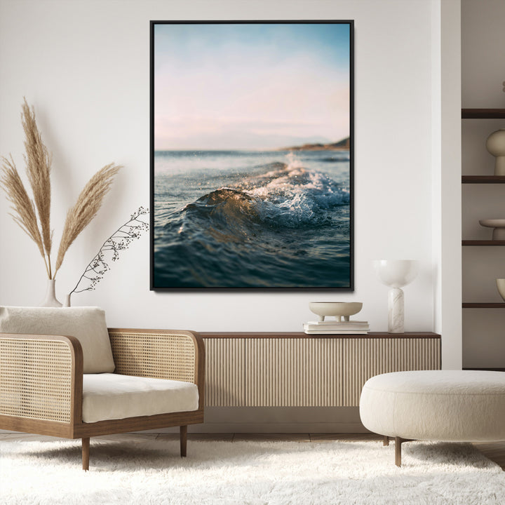 Ocean Waves Wall Art Canvas Print, Framed Coastal Serenity Wall Art Print, Golden Hour Perfect Modern Coastal Decor Artwork