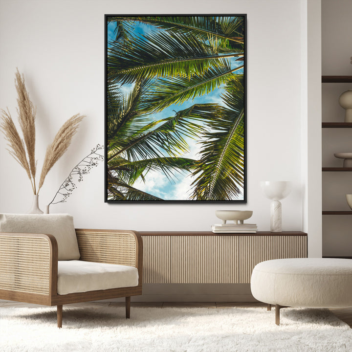 Palm Leaves Wall Art Canvas Print, Framed Tropical Vibes Art Picture Print, Green Foliage Perfect Tropical Boho Decor Artwork