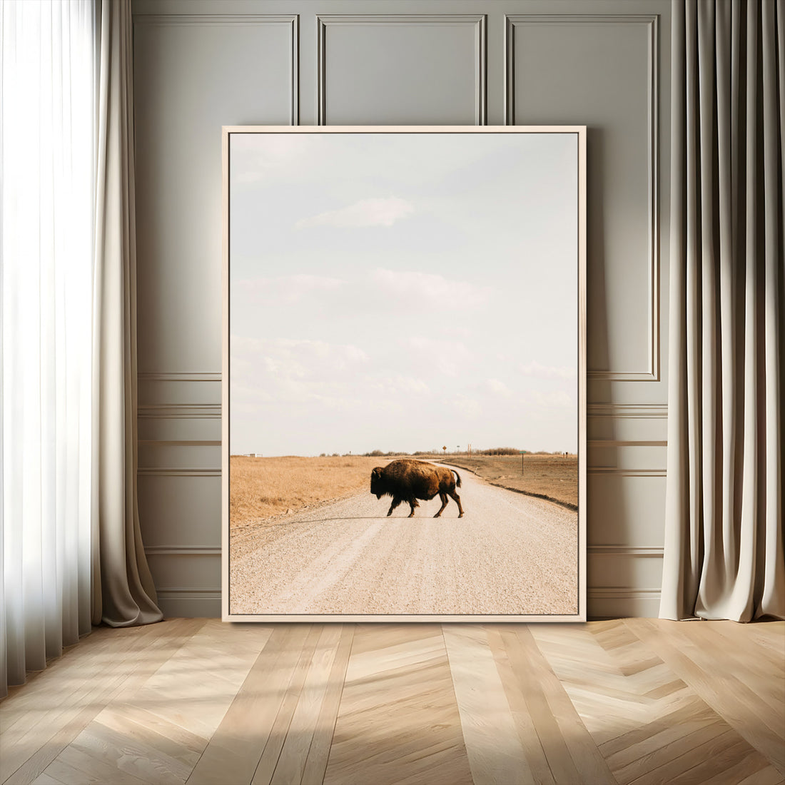 Bison Crossing Wall Art Canvas Print, Framed Western Landscape Art, Prairie Road Modern Ranch Decor