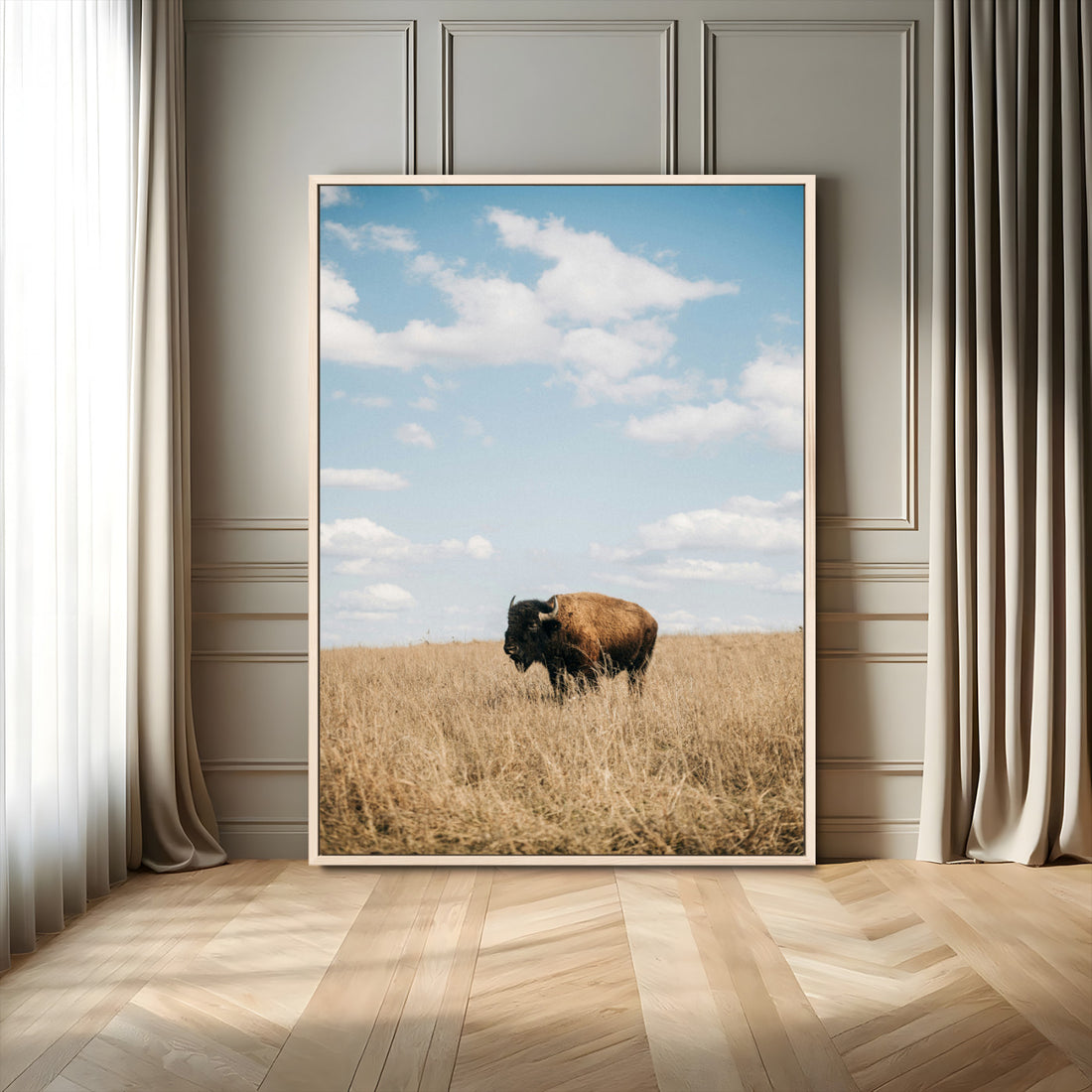 Bison Photography Wall Art Canvas Print, Framed Western Landscape Art, Prairie Serenity Modern Ranch Decor