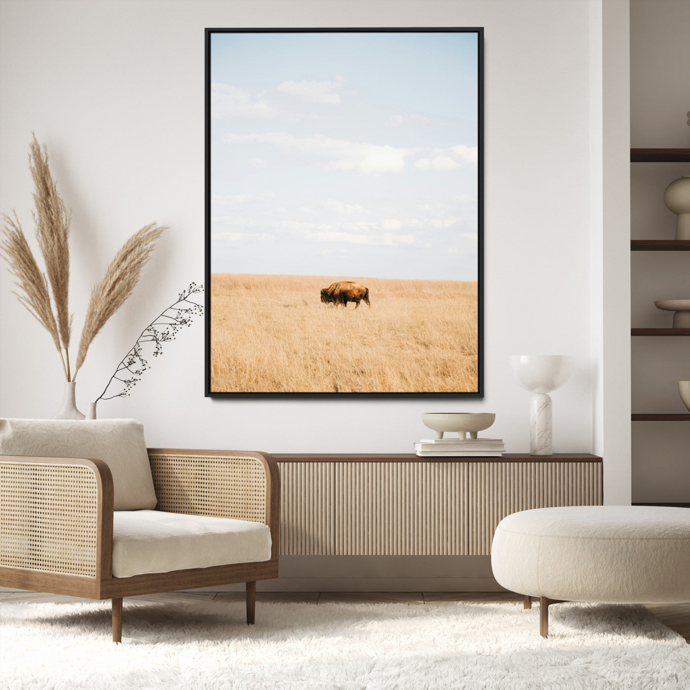 Minimalist Nature Wall Art Canvas Print, Framed Bison In Grassland Art Print, Open Field Perfect Modern Ranch Decor Decor Artwork