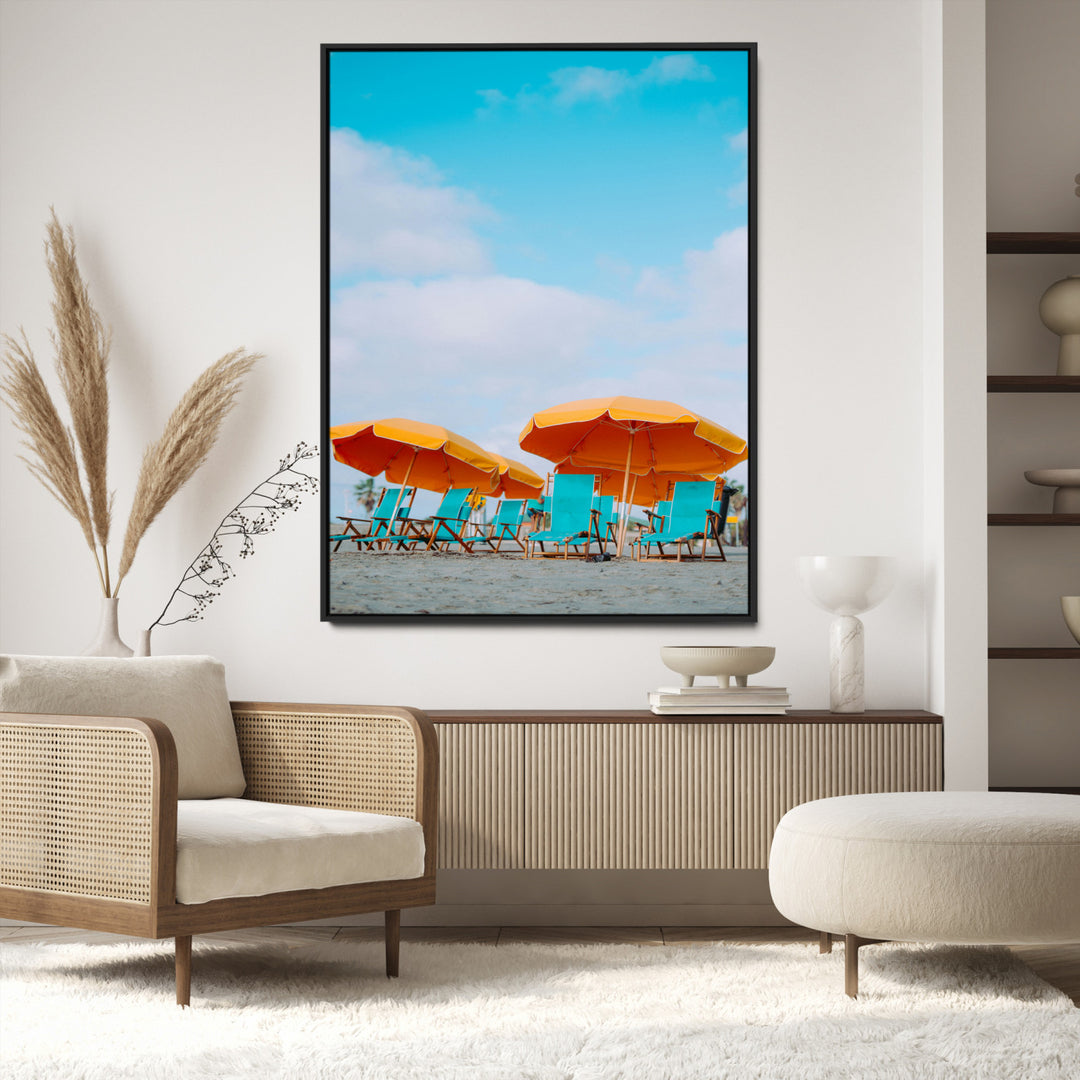 Beach Umbrellas Wall Art Canvas Print, Framed Coastal Vibes Art Picture Print, Tropical Paradise Perfect Coastal Boho Decor Artwork