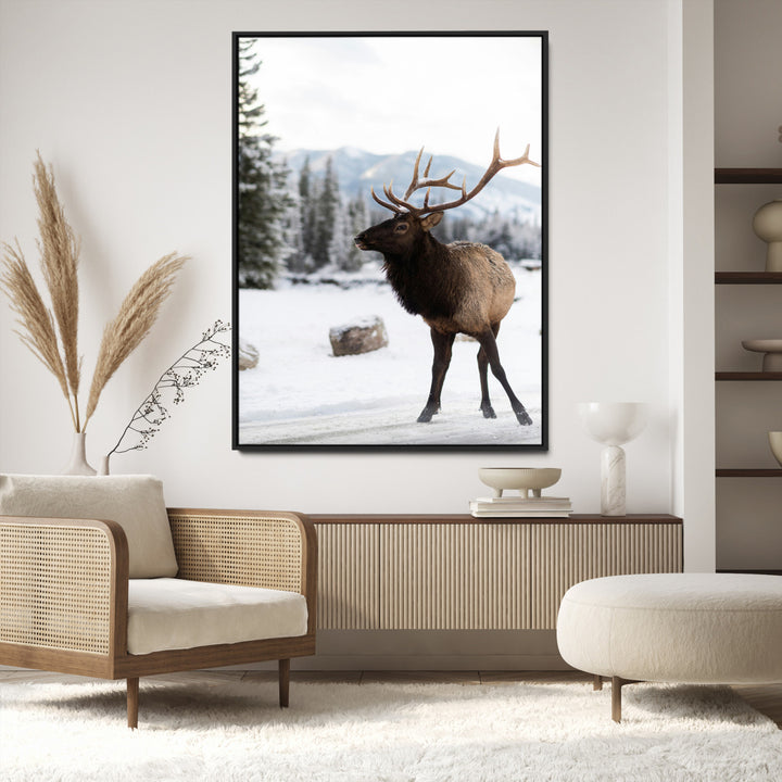 Elk Photography Wall Art Canvas Print, Framed Winter Wildlife Art Picture Print, Snowy Mountains Perfect Rustic Cabin Decor Decor Artwork