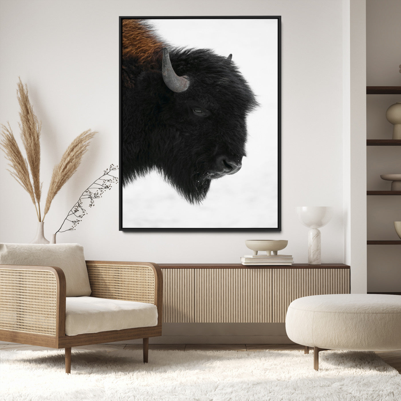 Western Rustic Wall Art Canvas Print, Framed Buffalo Photography Art Picture Print, Black and White Wildlife Perfect Modern Ranch Decor
